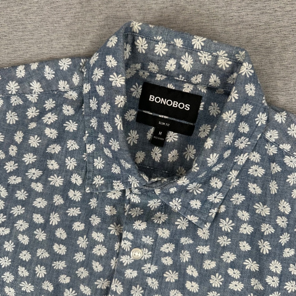 Bonobos Shirt Mens M Slim Fit Blue White Daisy Floral Short Sleeve Button Down